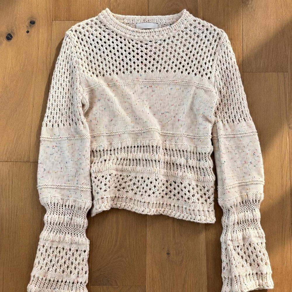 Cream Confetti Open Knit Cotton Sweater Bell Sleeve Boho Paper Crane Medium